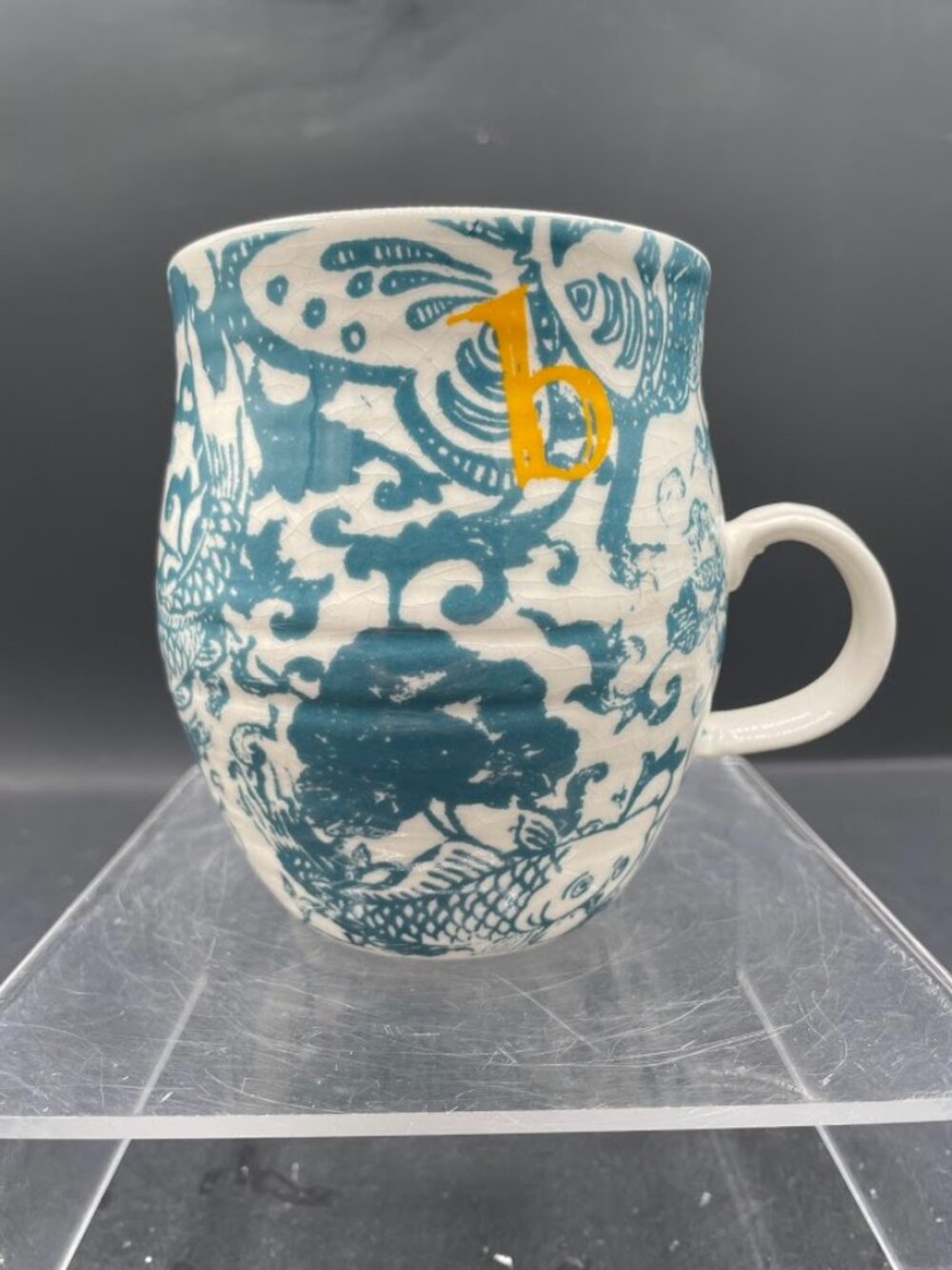 Anthropologie Homegrown Floral Blue Yellow Monogram Letter b Coffee Tea Mug
